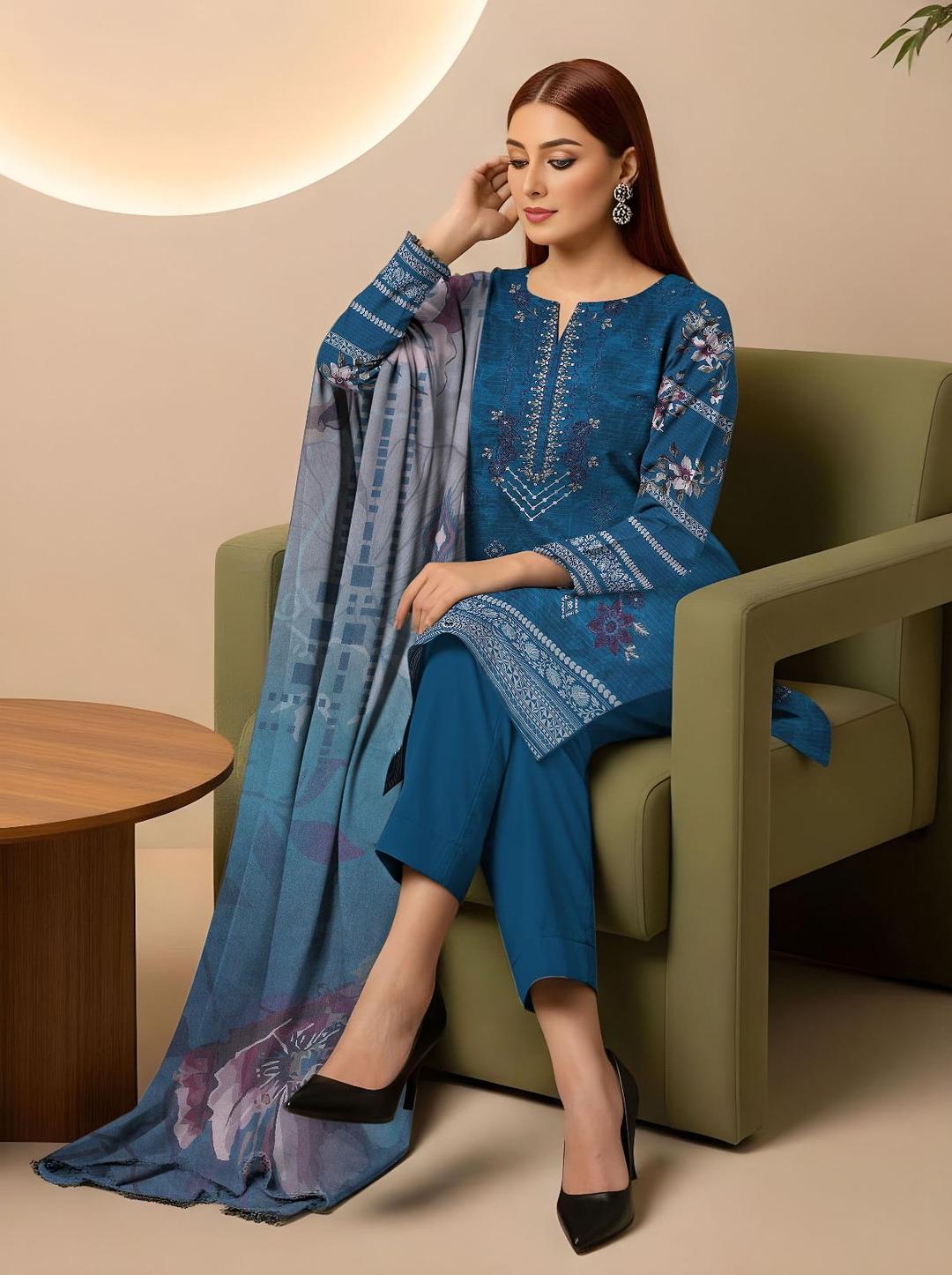 3 Pcs Women's Unstitched Embroidered Suit