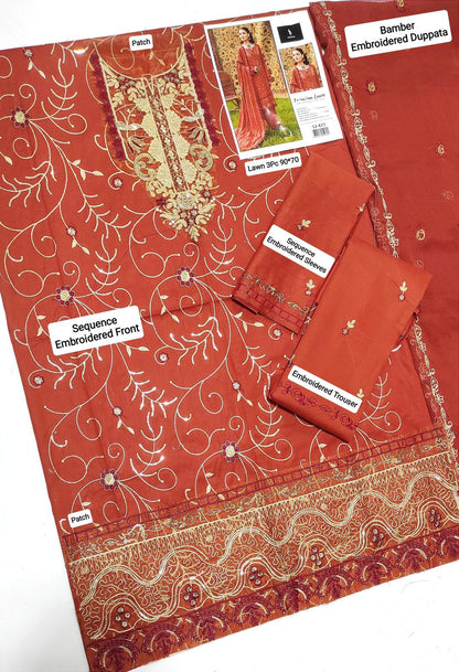 3 Pcs Women's Unstitched Sequins Embroidered Suit